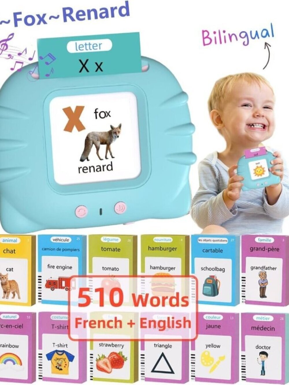 510 French-English Talking Flash Cards Bilingual Learning Toy for Ages 1–4